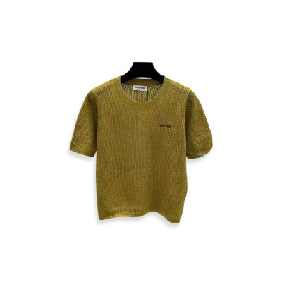 MIU MIU OLIVE GREEN OPENWORK SHORT-SLEEVED KNIT SWEATER 
